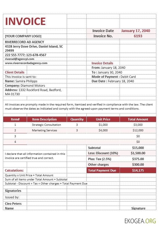 Modèle de facture d'agence de publicité vierge